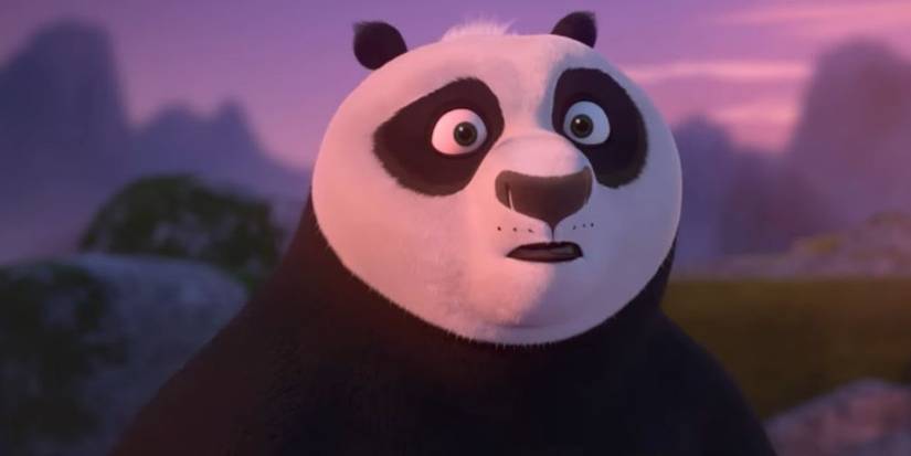Po (voiced by Jack Black) looking surprised against the evening sky in the background in Kung Fu Panda 3