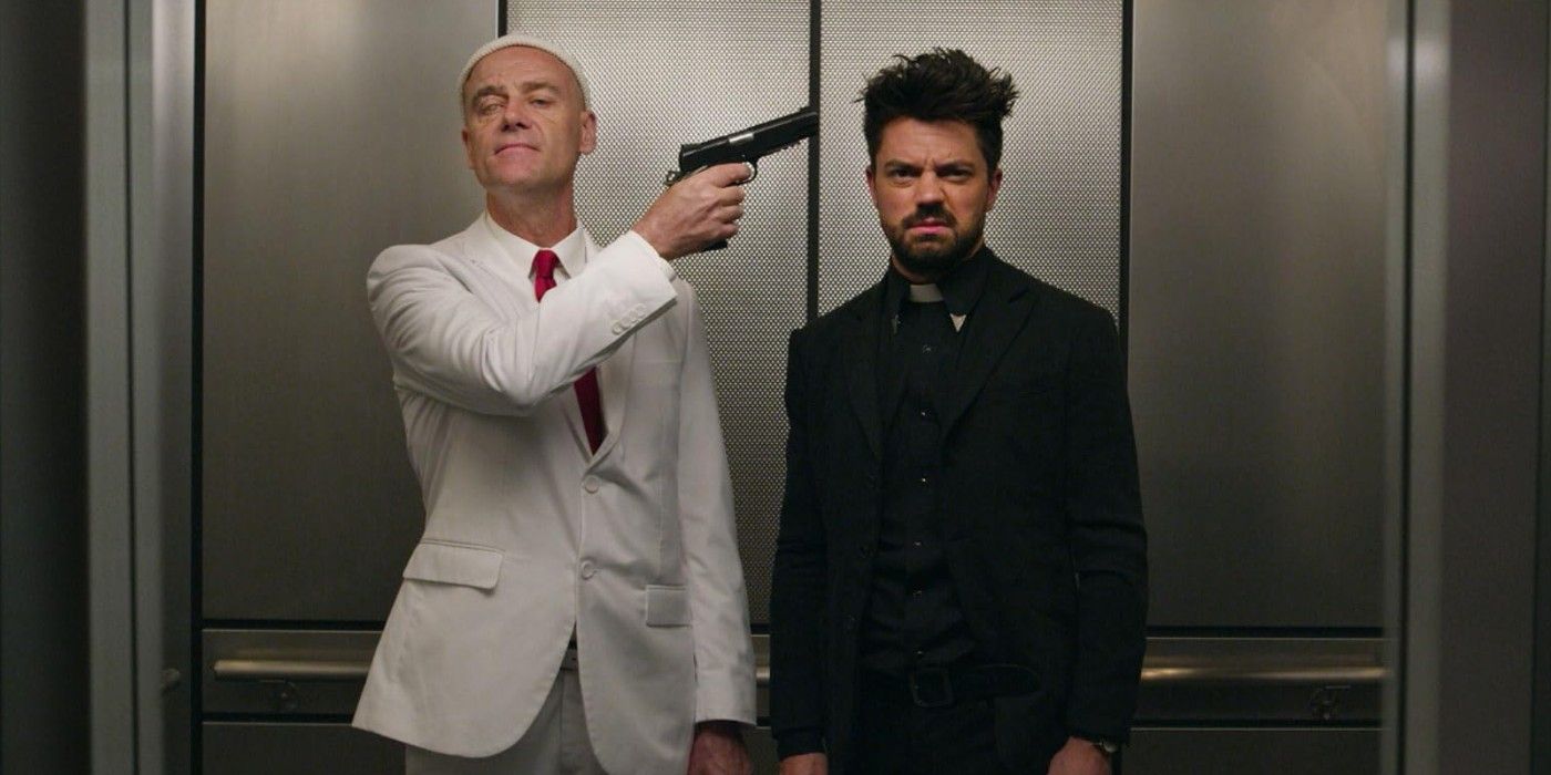 Preacher, The Tom-Brady - Herr Starr smugly holds Jesse at gunpoint in an elevator