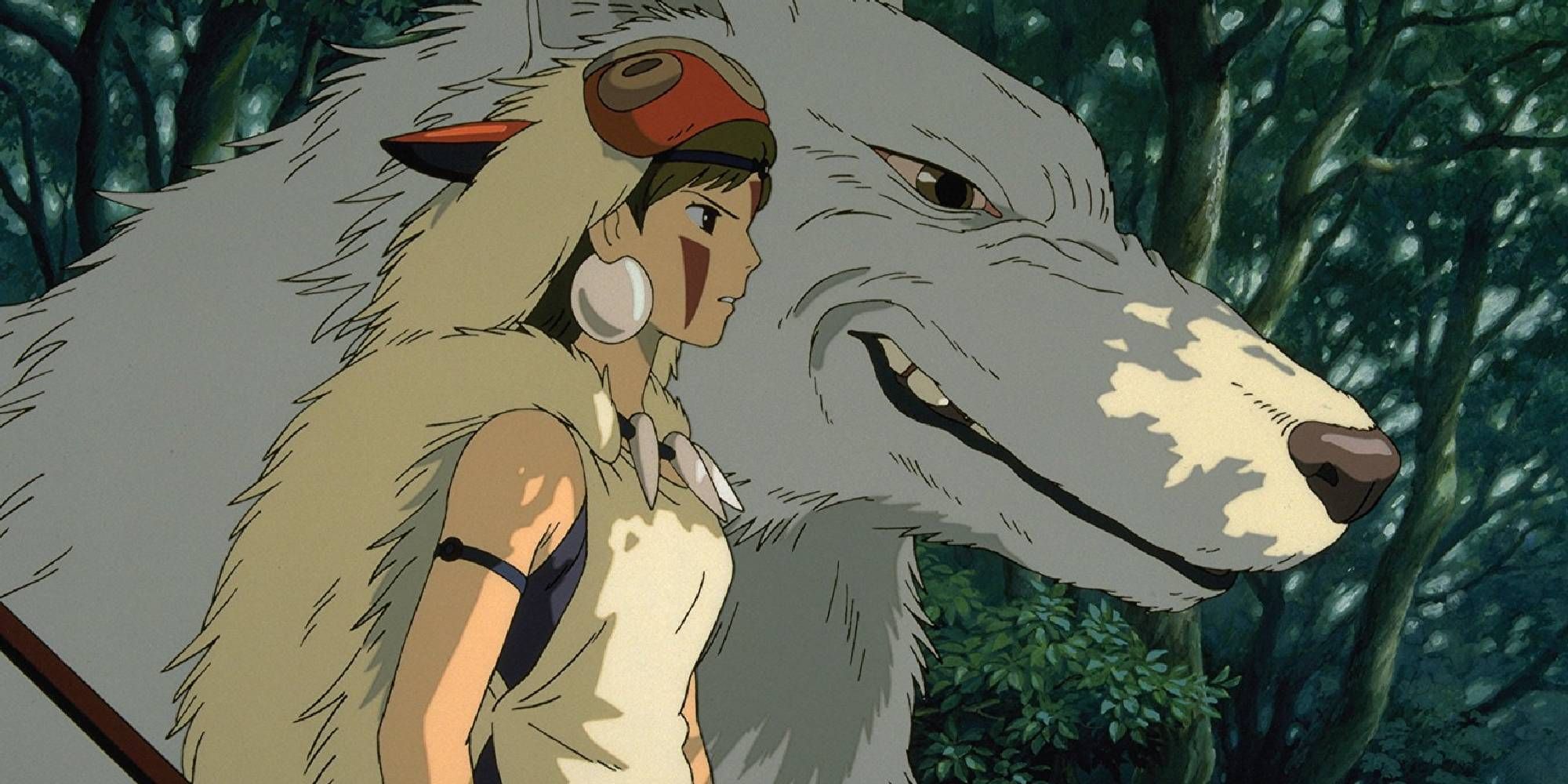 Princess Mononoke and a large white wolf in profile in the woods, in Princess Mononoke