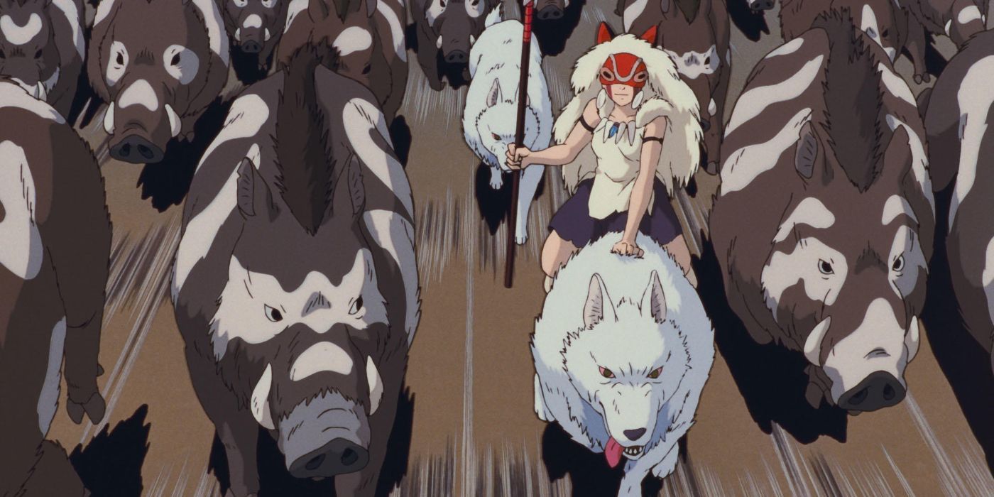 San and her wolf brothers ride alongside the boars into battle