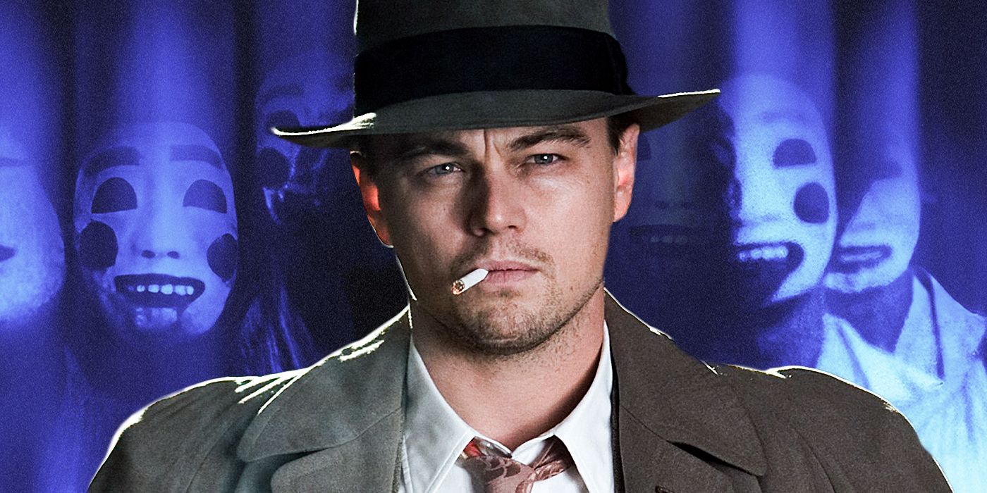 Leonardo DiCaprio on Shutter Island in front of masked figures from A Page of Madness