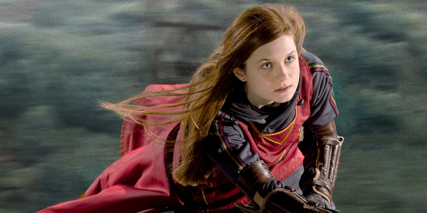 Ginny Weasley flying on her broomstick during a quidditch match in Harry Potter and the Half Blood Prince