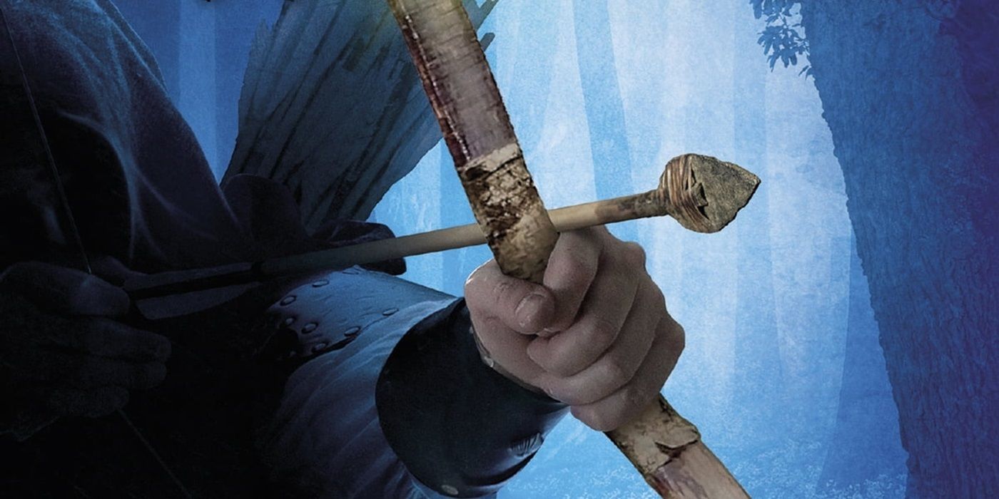 Cropped cover of the first book in Ranger's Apprentice series, The Ruins of Gorlan, showing an archer with a pointed bow & arrow