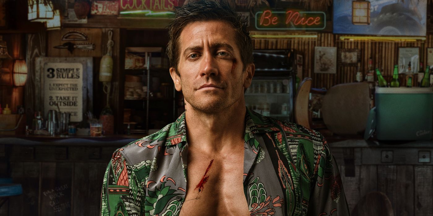 Jake Gyllenhaal sits in a bar with chest cuts in the Road House poster
