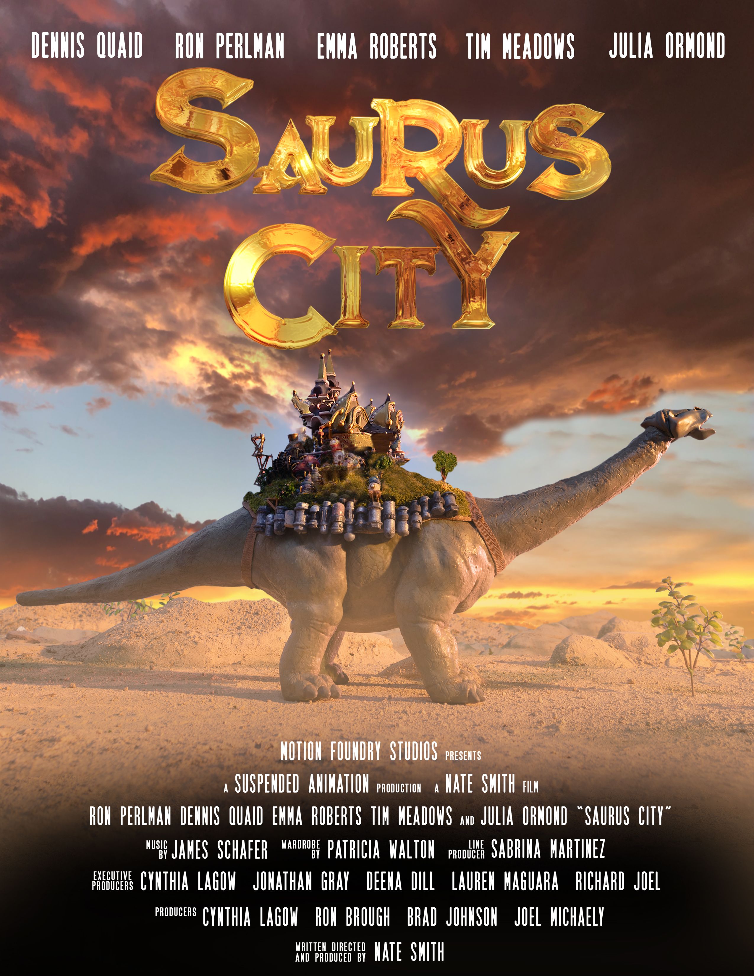 The movie poster for Saurus City showing a village on the back of a dinosaur