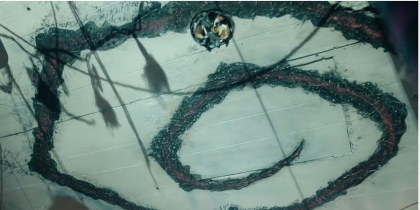 Symbol of spiral on ceiling of trailer car in 'True Detective: Night Country'