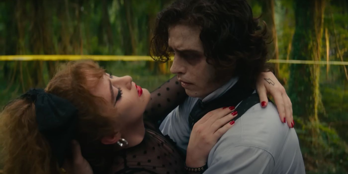 Kathryn Newton as Lisa and Cole Sprouse as The Creature in an embrace in Lisa Frankenstein