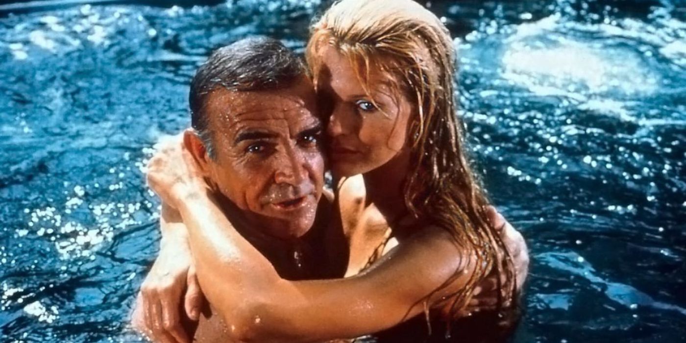 James Bond and Domino Petachi embracing at the pool in Never Say Never Again