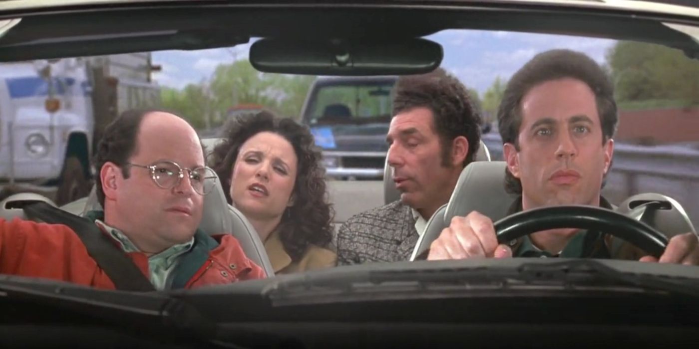George (Jason Alexander), Jerry (Jerry Seinfeld), Elaine (Julia Louis-Dreyfus), and Kramer (Michael Richards) in a car on Seinfeld