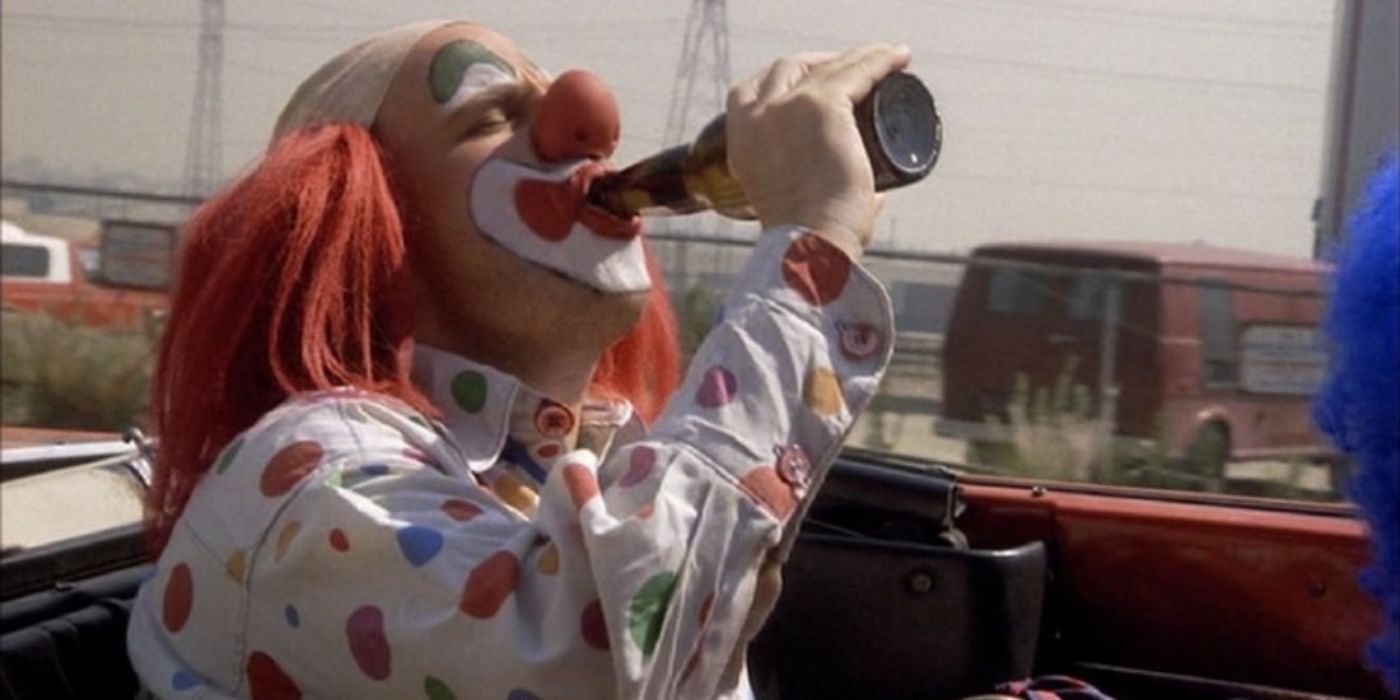 A clown drinks from a beer bottle in 'Shakes the Clown' 