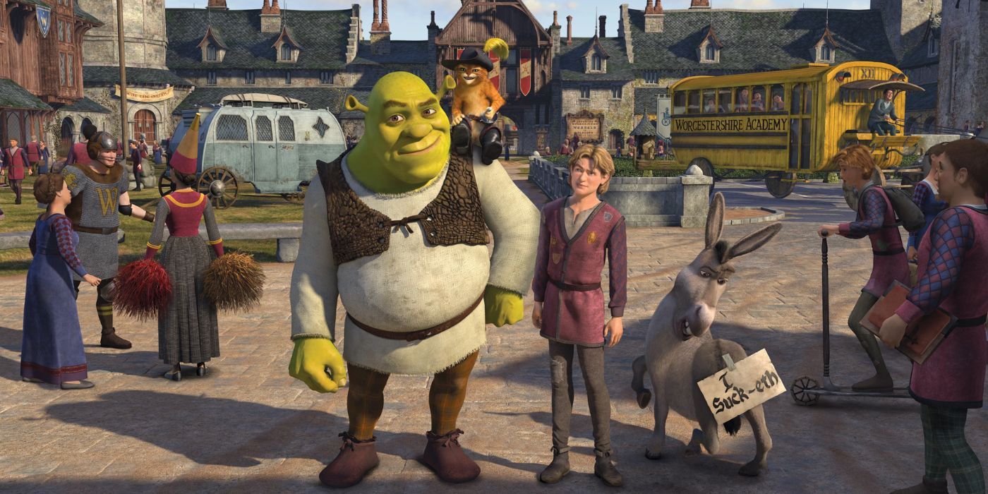 Shrek, Arthur, and Donkey arrive at Worcestershire Academy in 'Shrek the Third'