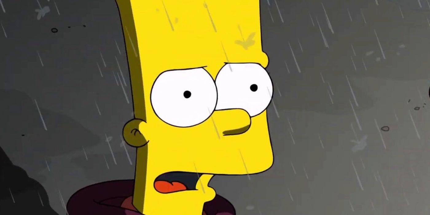 Bart standing in the rain and looking upset in The Simpsons' episode "Bartless"