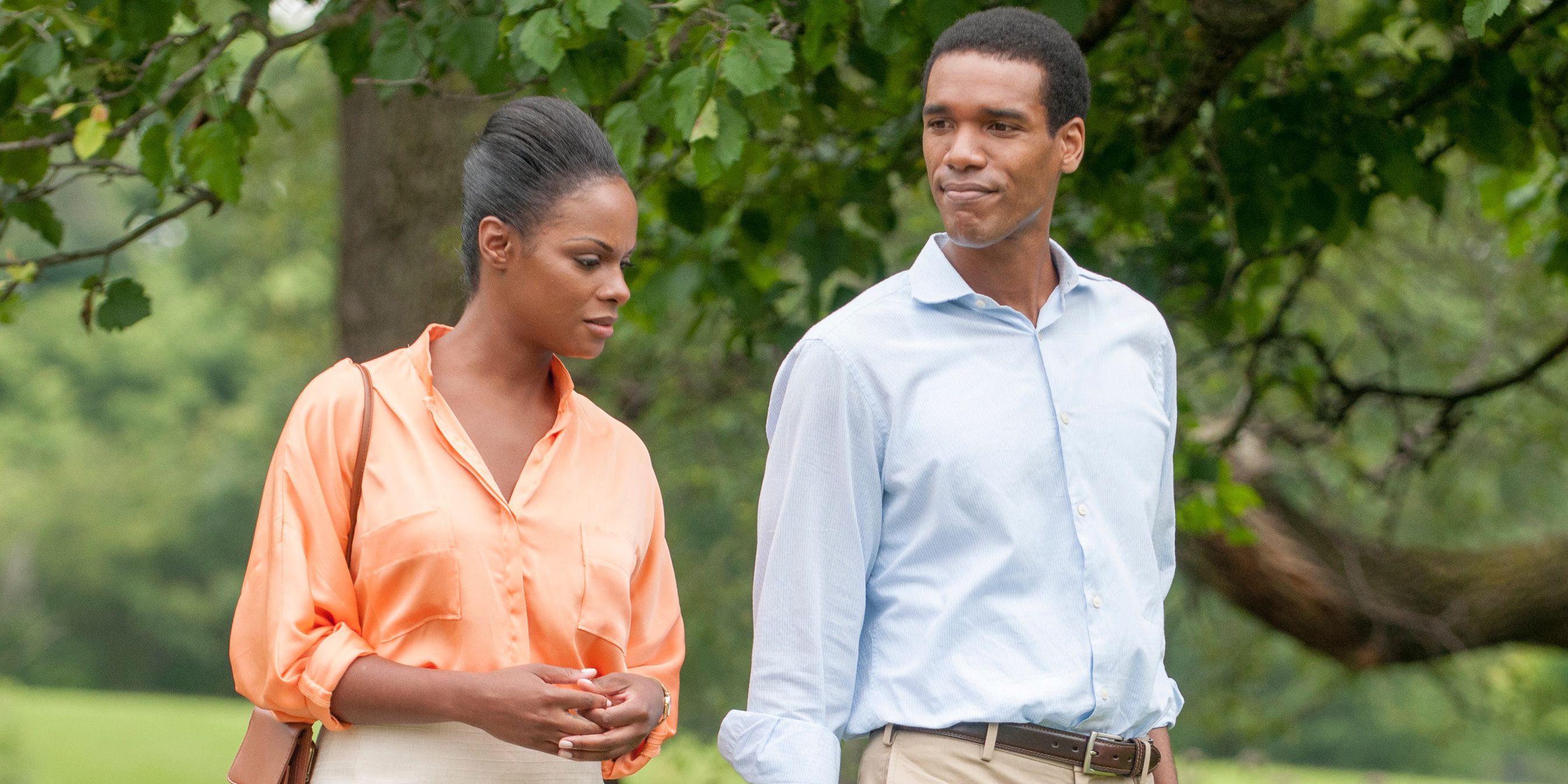 A still from the film Southside With You featuring Parker Sawyers and Tika Sumpter as a young Barack and Michelle Obama