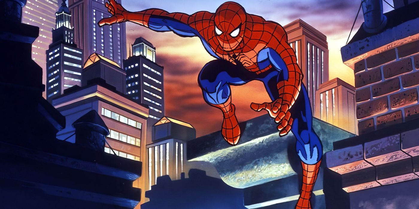 Christopher Daniel Barnes as Spider-Man launching from a building in Spider-Man: The Animated Series