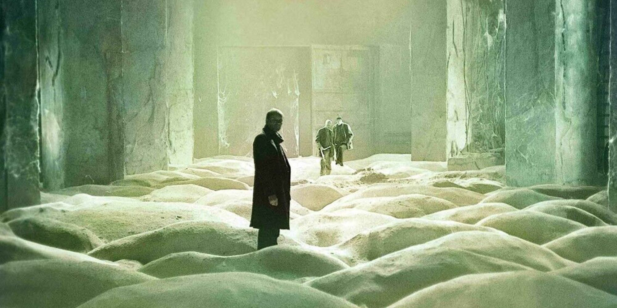 A man standing on a cloud-like surface in Stalker - 1979