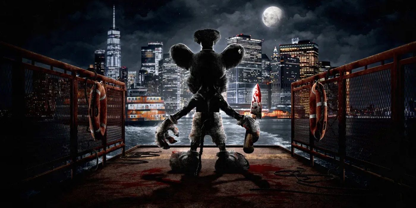 A rear shot of a scary Mickey Mouse holding a bloodied knife while standing on a ferry deck