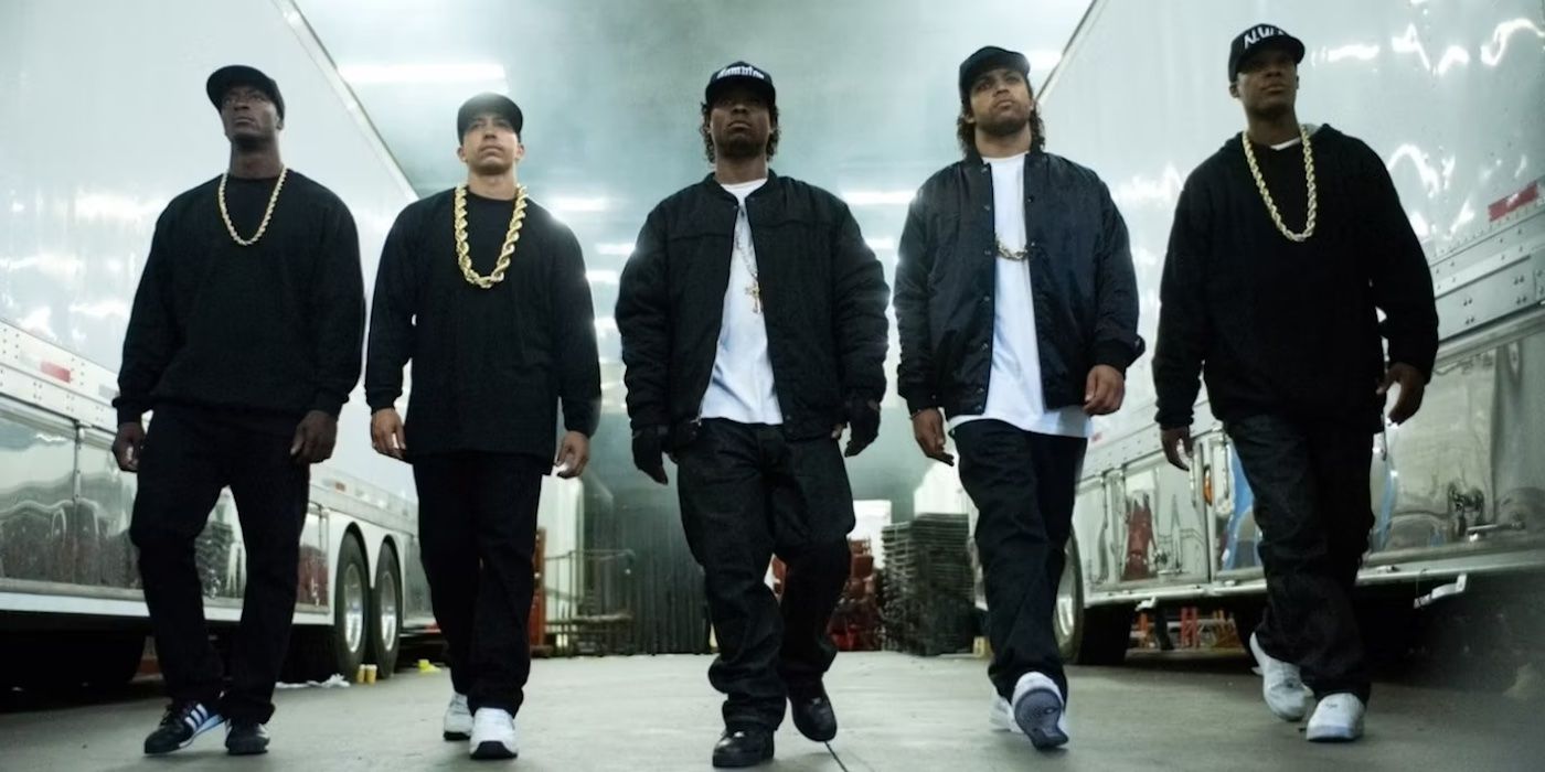 Aldis Hodge, Neil Brown Jr., Jason Mitchell, O'Shea Jackson Jr., and Corey Hawkins as N.W.A. walking away from their concert in Straight Outta Compton