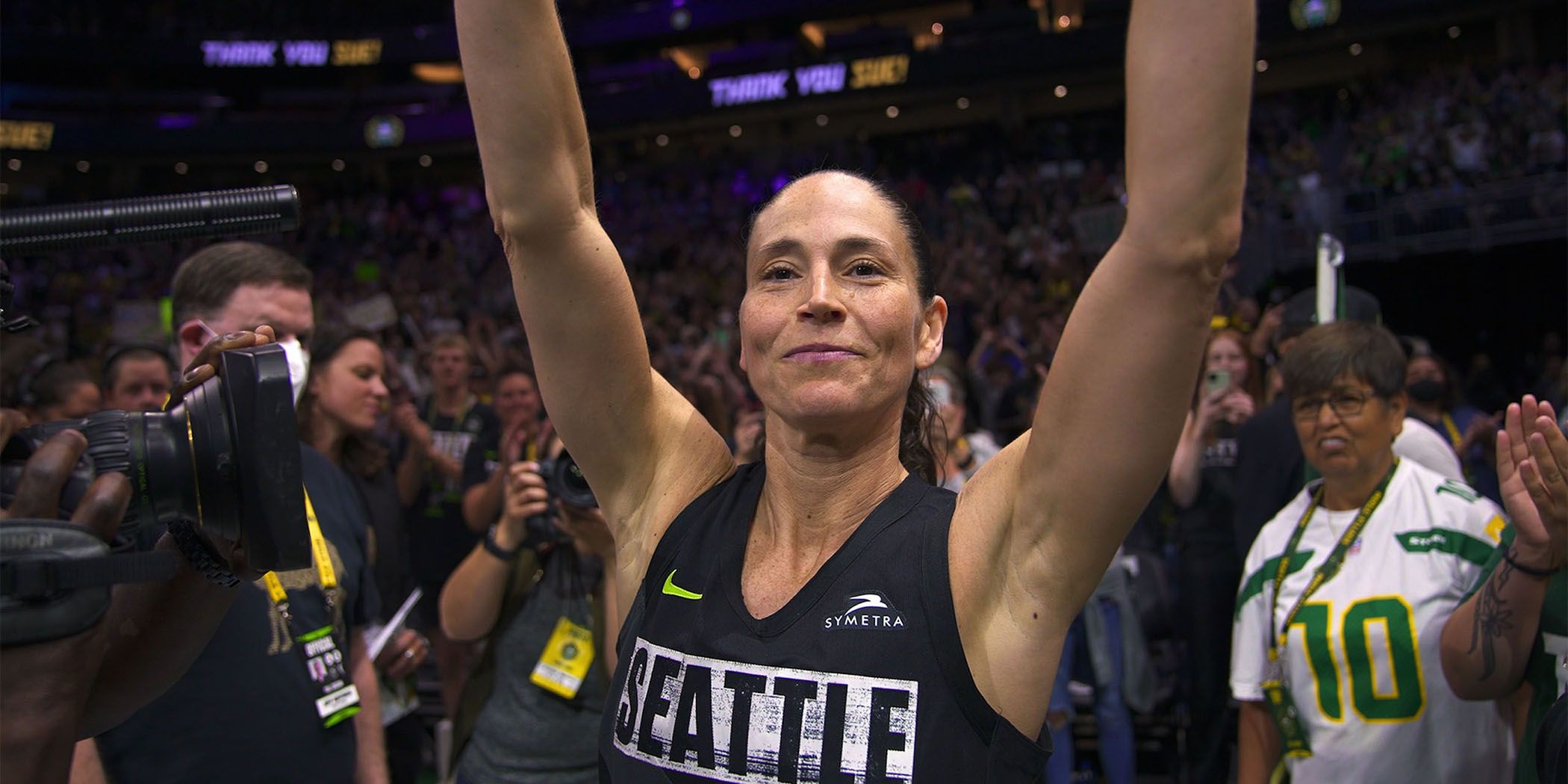 Sue Bird celebrating at a basketball game in Sue Bird: In the Clutch at Sundance 2024.