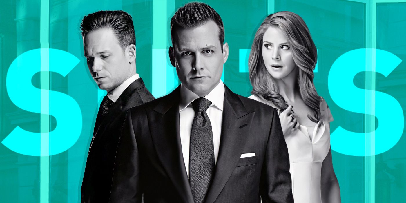 Sarah Rafferty, Patrick J. Adams, and Gabriel Macht as Donna, Mike, and Harvey of Suits, standing in front of a blue background
