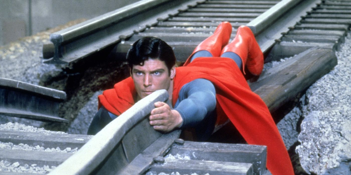 Christopher Reeve as Superman joining a broken train rail