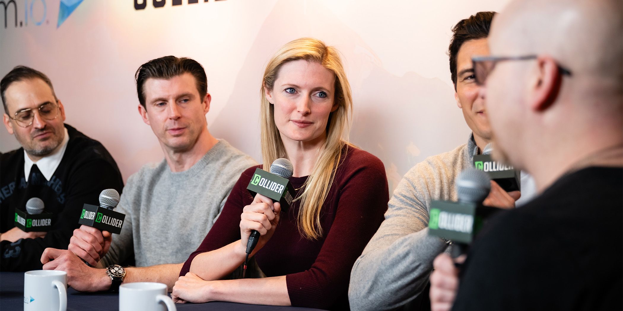 (Left to right) Ian Bonhôte, Matthew Reeve, Alexandra Reeve Givens, and Will Reeve listening in an interview for Super/Man: The Christopher Reeve Story at Sundance 2024