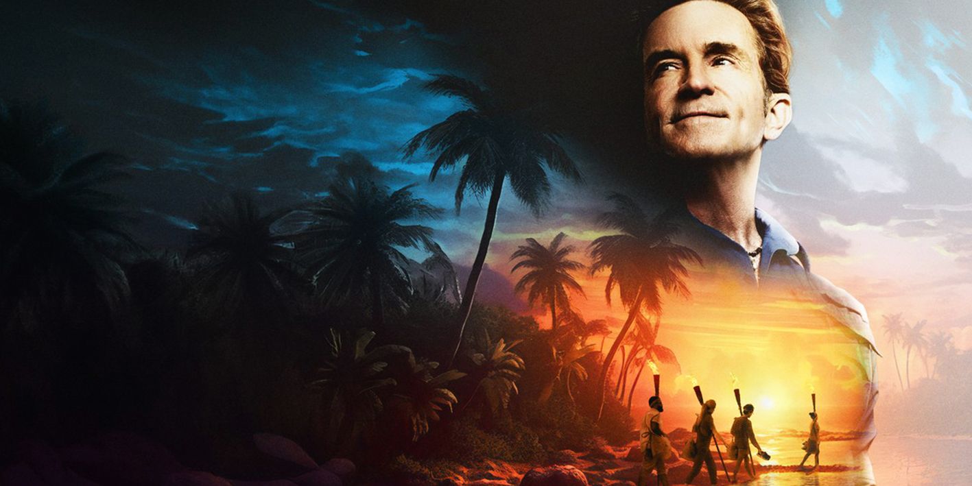 Survivor 45 Show Promo Image stylized Jeff Probst with sunset Image background with contestants. No title graphics on image, 2023