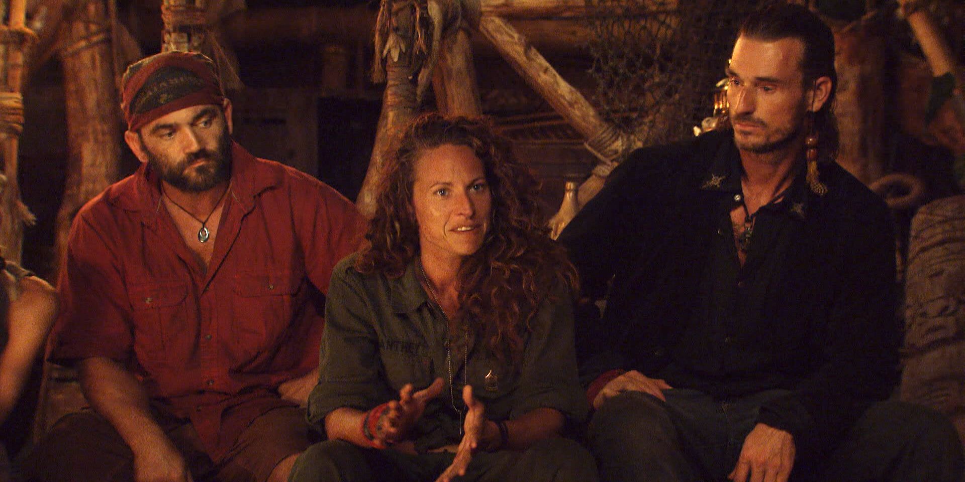 A still from the 6th episode of Survivor: Heroes vs. Villains, Banana Etiquette, featuring the villains tribe, including the likes of Russell Hantz, Jerri Manthey, and Coach Wade, at tribal council