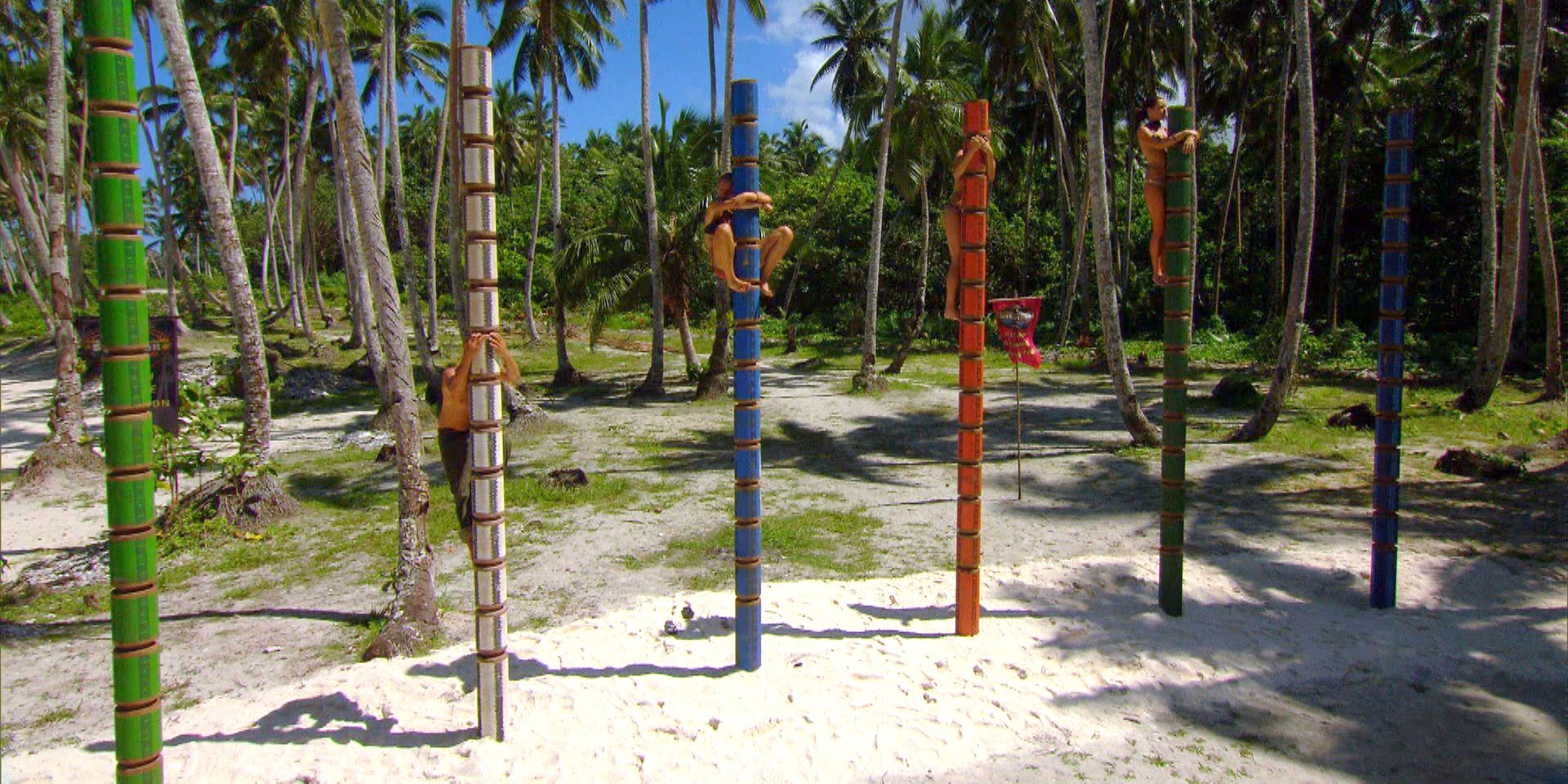 A still from Survivor: Heroes vs. Villains featuring the iconic 'Get a Grip' challenge