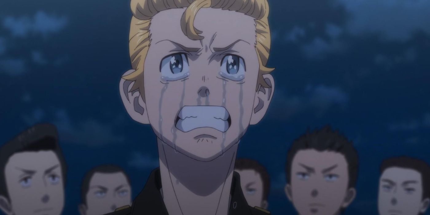 Takemichi crying in front of the Toman gang in Tokyo Revengers