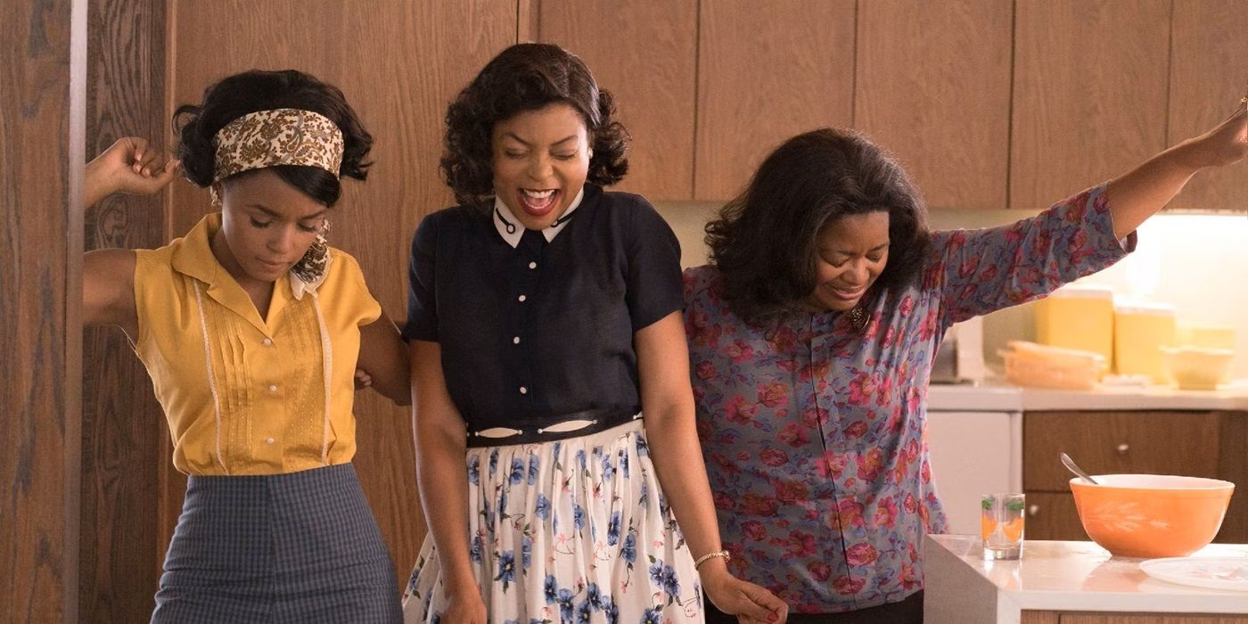 Taraji P. Henson, Octavia Spencer, and Janelle Monáe dancing in Hidden Figures.