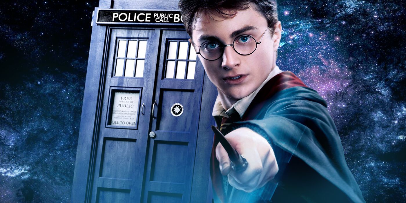 Daniel Radcliffe as Harry Potter holding a wand and standing next to a Tardis