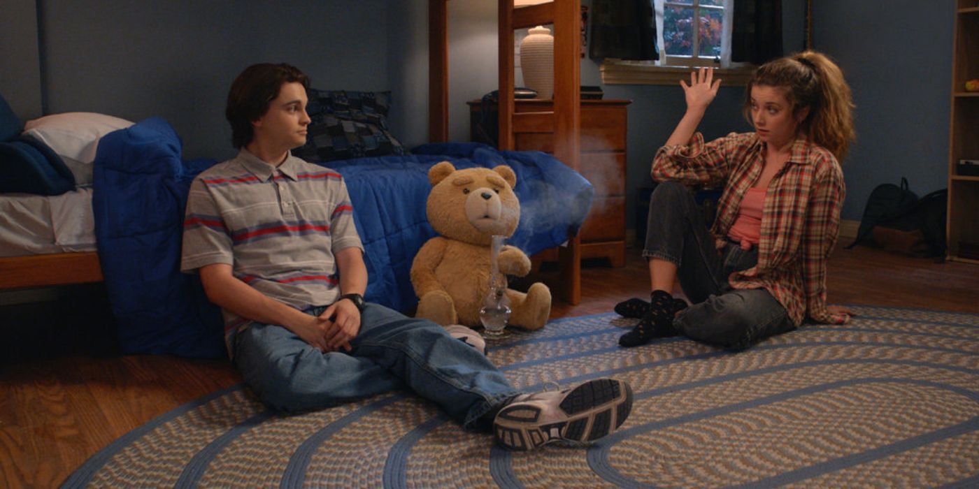 John Bennett (Max Burkholder) and Ted (Seth MacFarlane) smoking weed in front of Blaire (Giorgia Whigham) in Ted