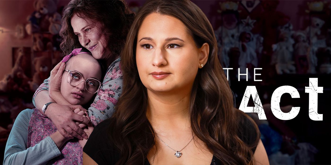 Gypsy Rose Blanchard in front of the key art for HBO's The Act