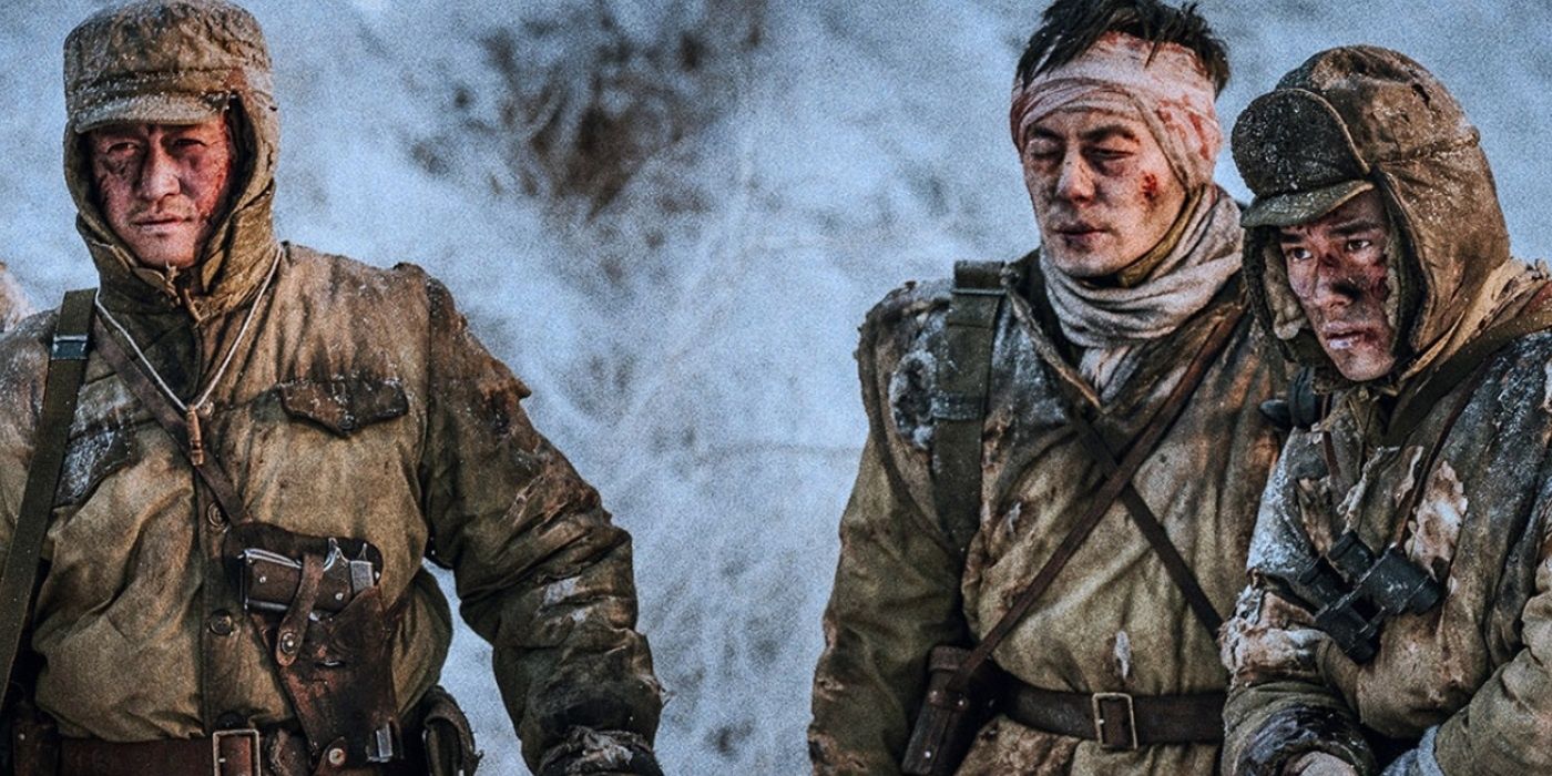 A trio of wounded soldiers standing in the snow in The Battle at Lake Changjin
