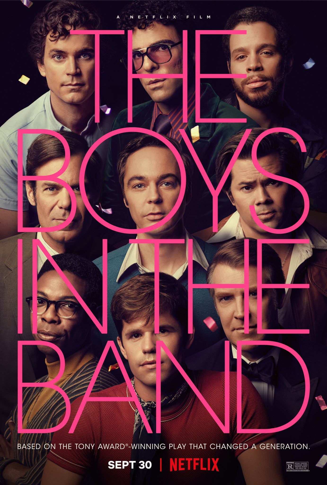 The cast of The Boys in the Band all gathered together with the title of the film in the poster