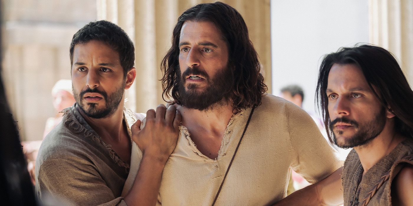 Simon Z. (Alaa Safi) and Simon Peter (Shahar Isaac) hold Jesus (Jonathan Roumie) back on 'The Chosen'