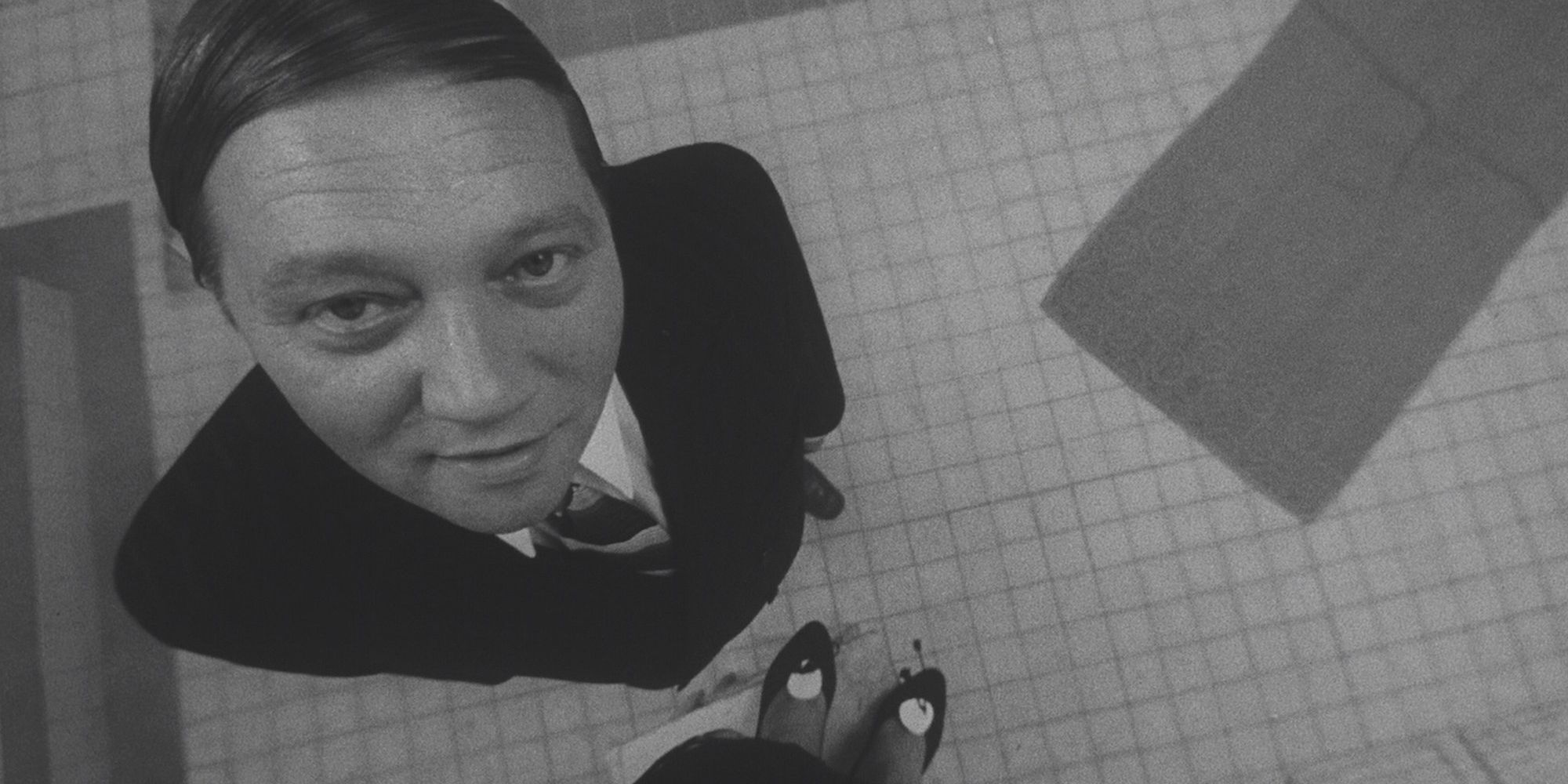 Karel (Rudolf Hrušínský) looks at the fish-eyed camera in The Cremator.