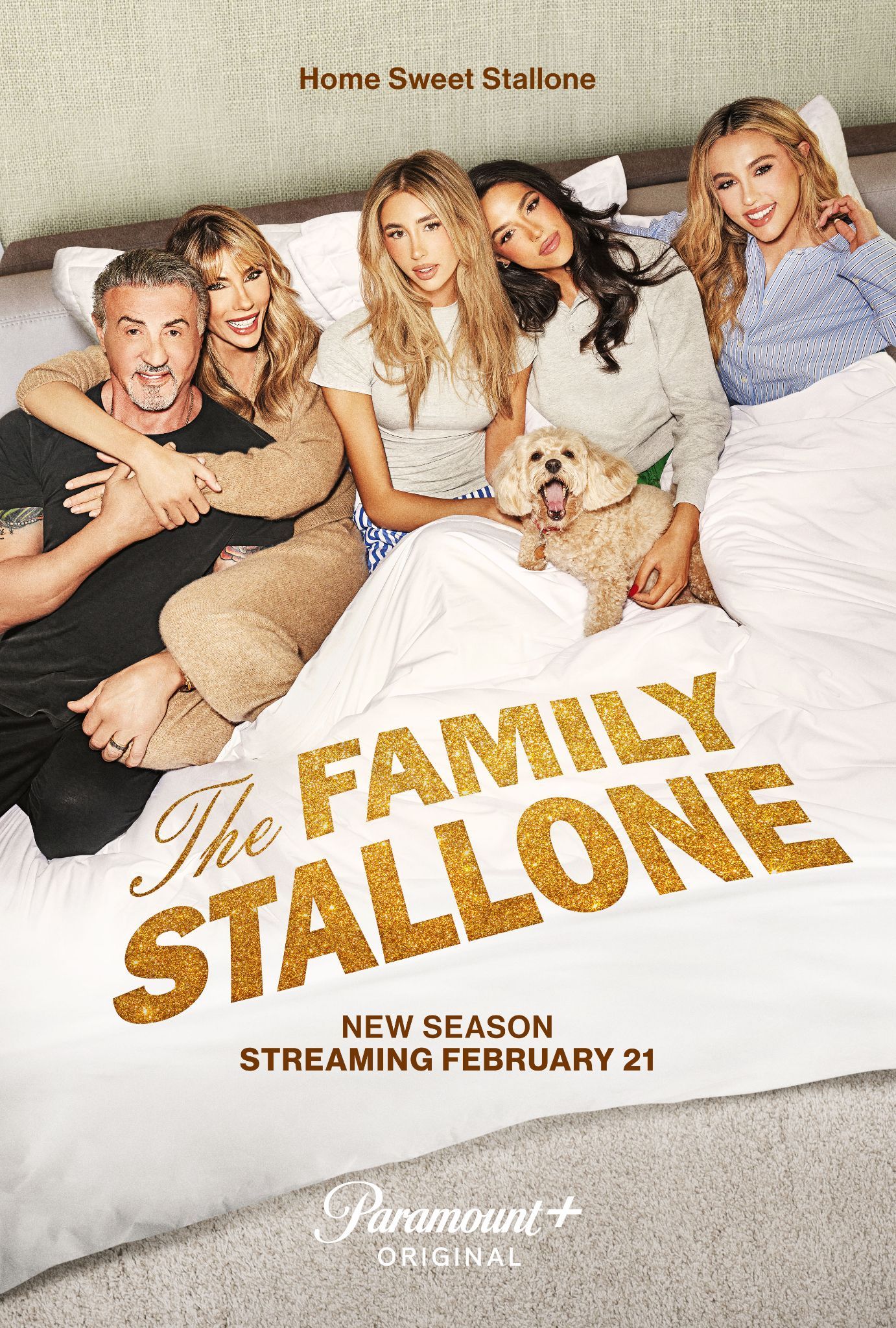 The whole Stallone family pilled in bed together on the poster for The Family Stallone Season 2