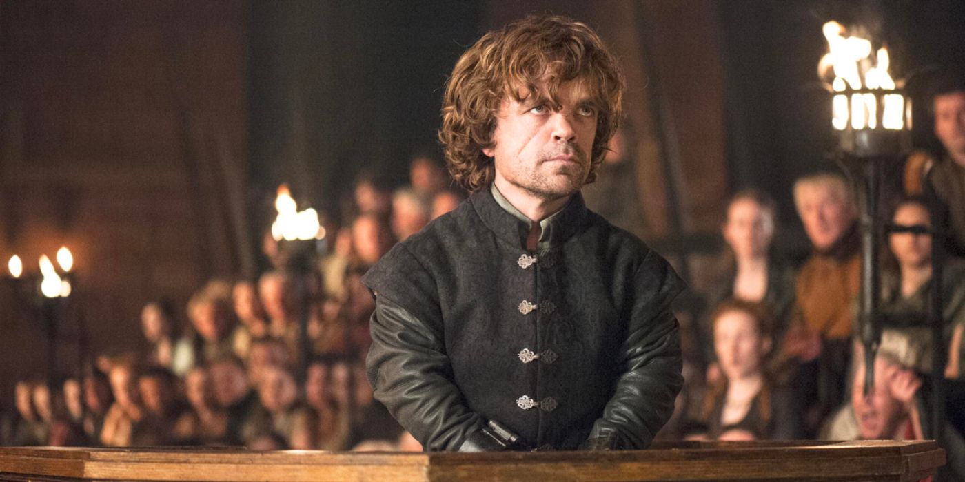 Tyrion Lannister stands trial in the the throne room of the Red Keep before an audience of nobles and dignitaries.