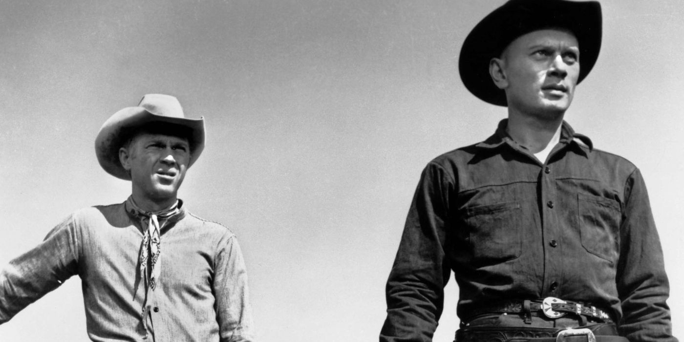 Yul Brynner and Steve McQueen as Chris Larabee Adams and Vin Tanner, wearing cowboy hats in The Magnificent Seven