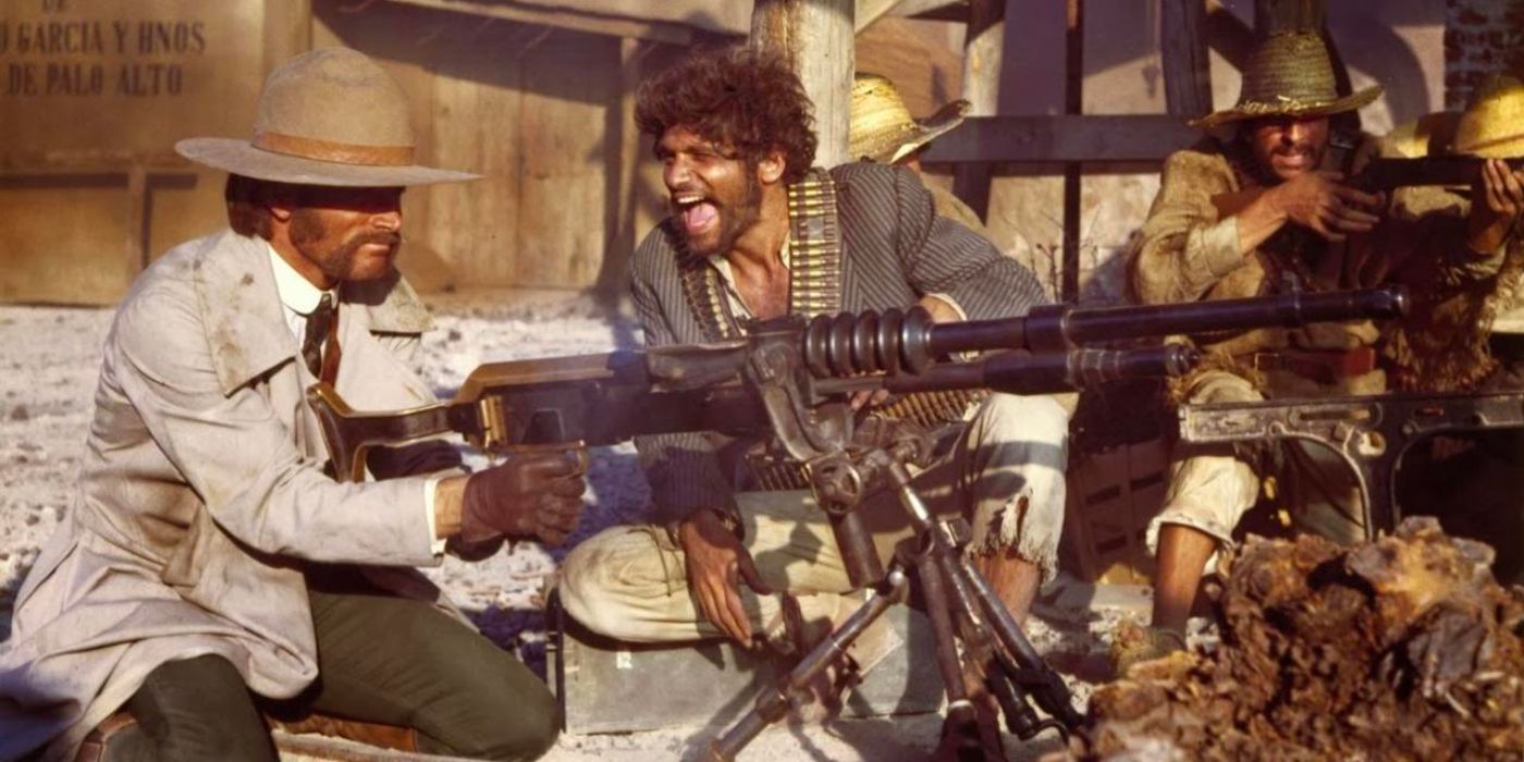  A Swedish arms dealer fires a large machine gun while a Mexican revolutionary laughs maniacally alongside him.