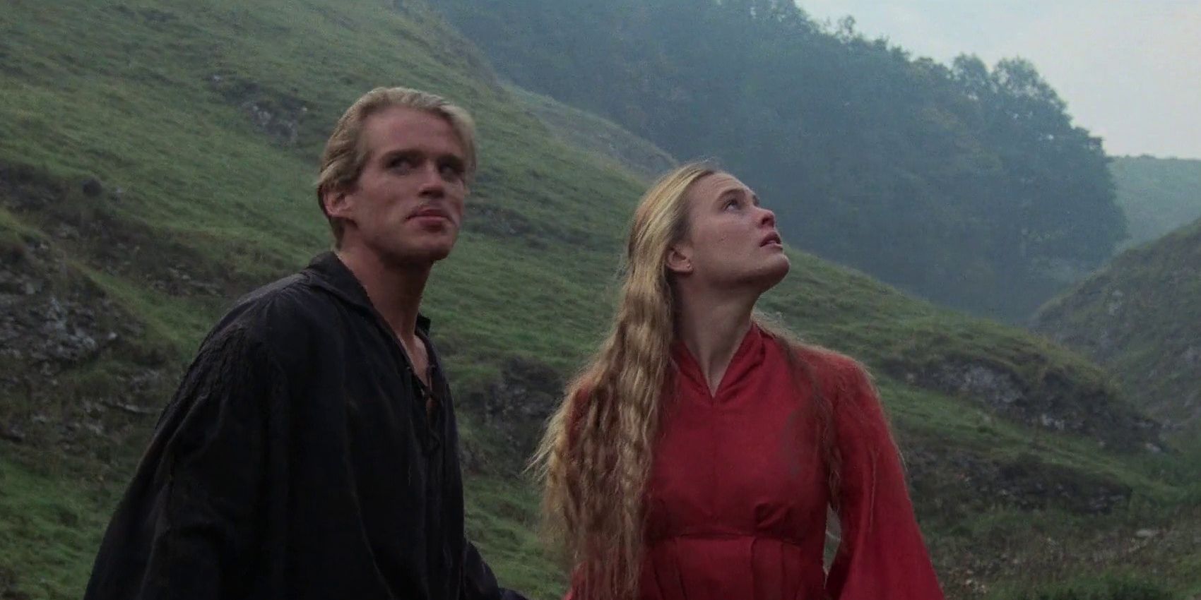 Buttercup (Robin Wright) and Westley (Cary Elwes) entering the Fire Swamp in 'The Princess Bride'