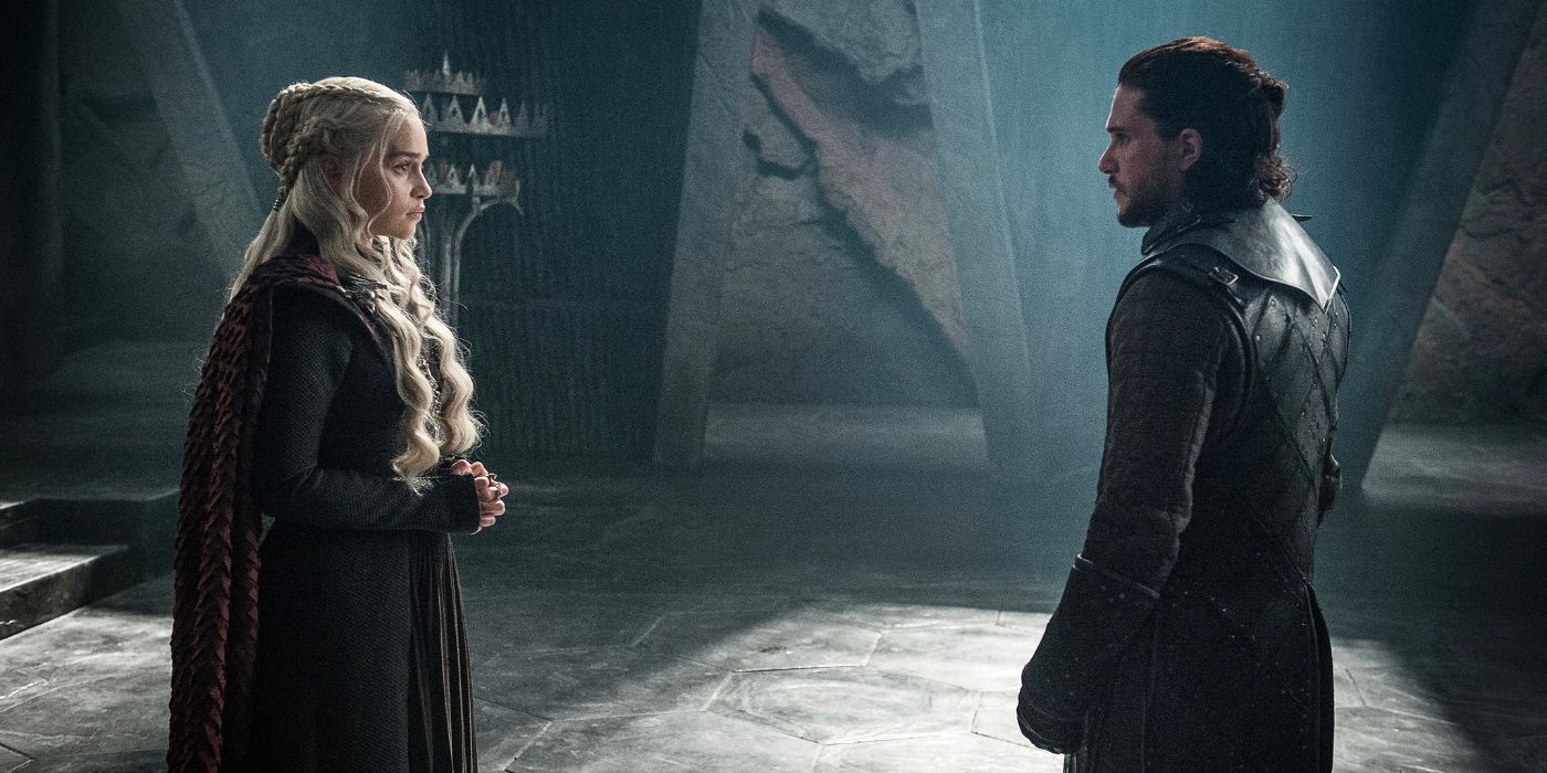 Daenerys (Emilia Clarke) meets with Jon Snow (Kit Harington) in the bleak halls of Dragonstone.