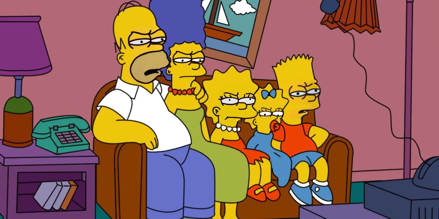The Simpsons sitting on their couch glaring at the TV