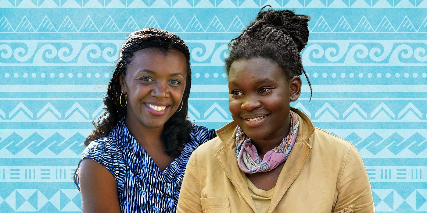 Survivor's Vecepia Towery and Maryanne Oketch smile with tribal background