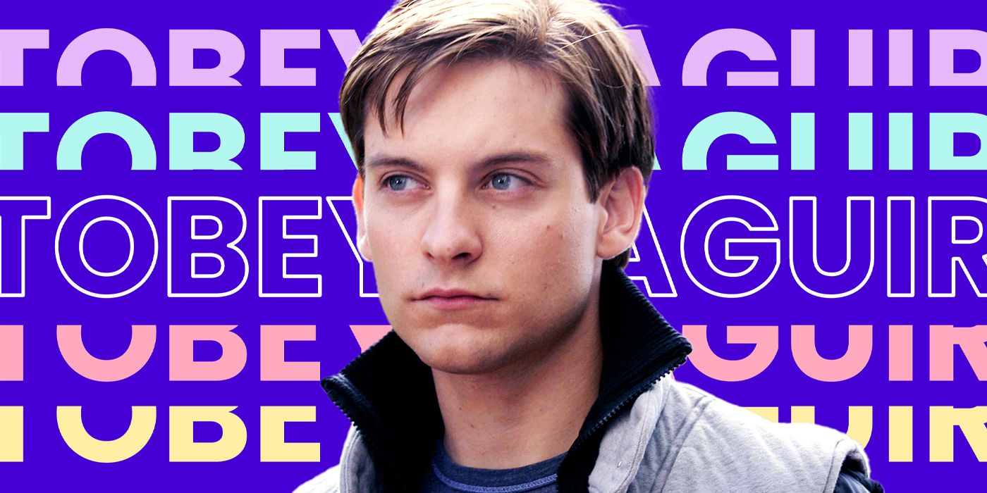 Blended image showing Tobey Maguire with his name on the background in large letters