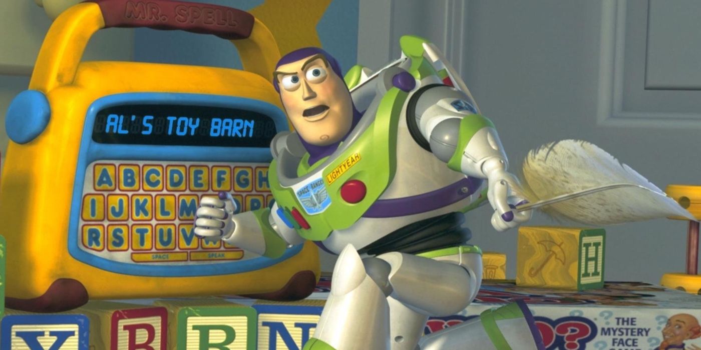 Buzz Lightyear (voiced by Tim Allen) yelling and pointing a feather in Toy Story 2