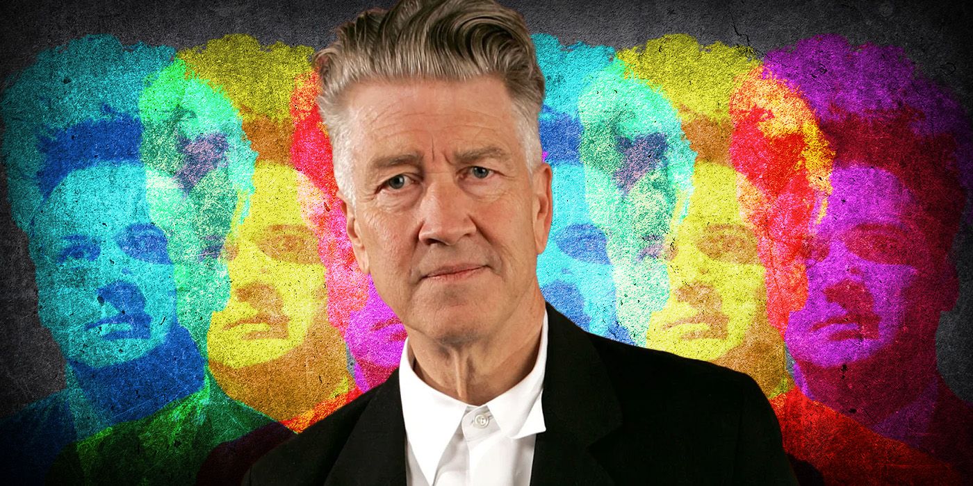 A custom image of David Lynch in front of a neon-colored Eraserhead background