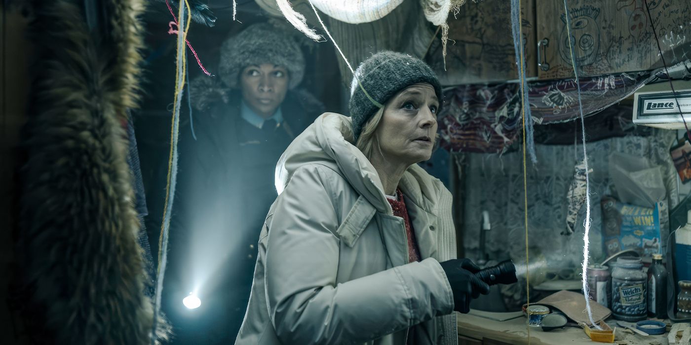 Kali Reis and Jodie Foster entering a packed shack in True Detective: Night Country Episode 2