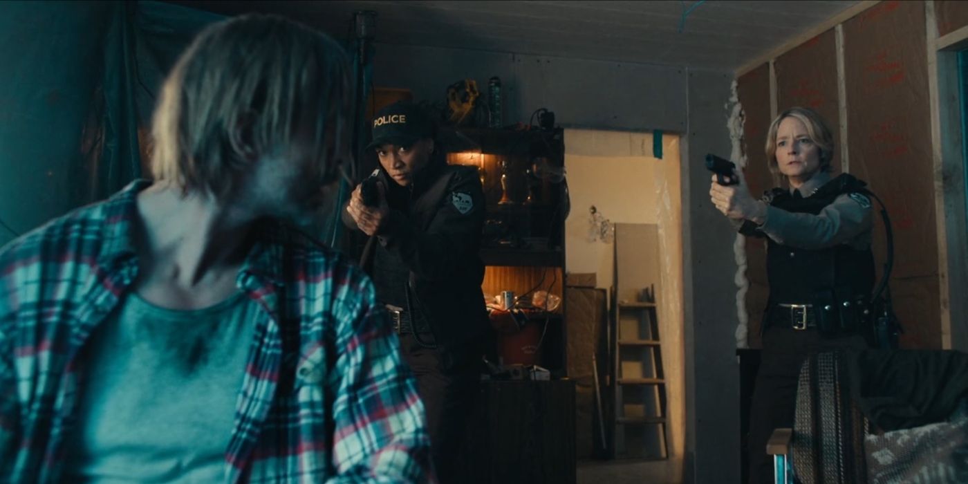 Trooper Navarro (Kali Reis) and Chief Danvers (Jodie Foster) confront William Wheeler in True Detective: Night Country